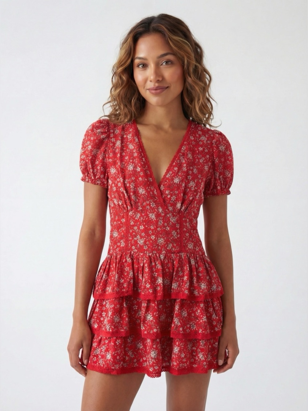 211. day + moon, Red Floral Tiered Mini Dress 16” P2P small